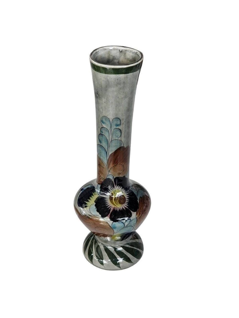 Vintage Mexico Tonala floral slate gray pottery vase